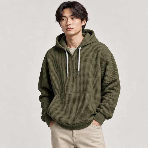 Men's Quarter Zip Hoodie Waffle Knit Hooded Sweatshirt Loose Fit Casual Long Sleeve Pullover with Pockets - image 3